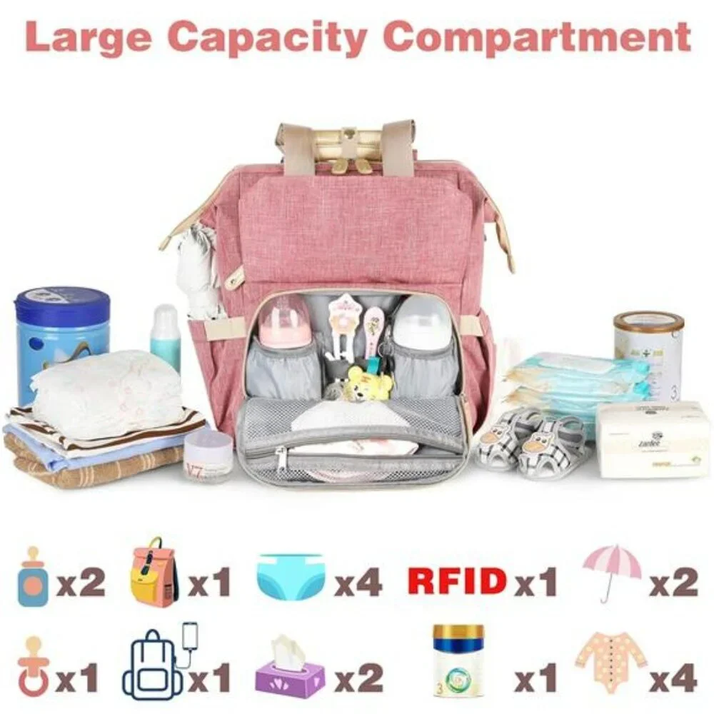 Pink Diaper Backpack Baby Travel Bag with USB Port Insulated Bottle Pocket